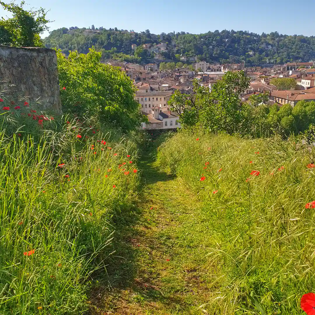 Chemin piéton vers la ville, la Tour, appartement de charme, meublé de tourisme à La Bâtie, location à Vienne.